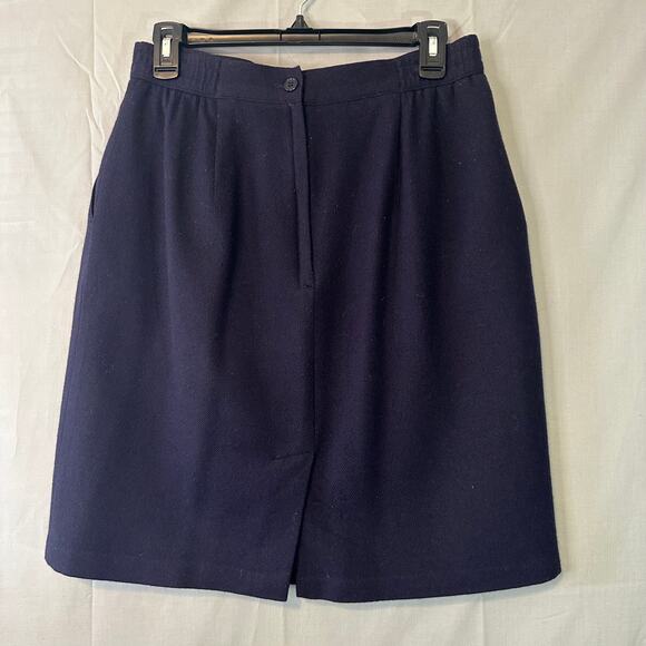90s Vintage Skirt Women Medium Navy Blue Wool Pencil Academia Pockets - Picture 3 of 7